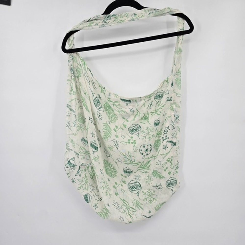 Free People Christmas Holiday Print Shoulder Bag Tote Lightweight Green White